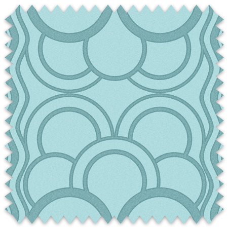 The artwork is a geometric pattern featuring overlapping semi-circles and arches in various sizes. It uses shades of teal with a slightly textured surface. The design is symmetrical and creates a harmonious, wave like motif.
